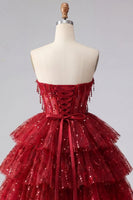 Load image into Gallery viewer, A Line Sparkly Burgundy Beaded Short Strapless Corset Birthday Party Dress