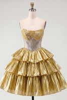 Load image into Gallery viewer, Sparkly Golden Strapless A Line Short Beaded Corset Metallic Birthday Party Dress