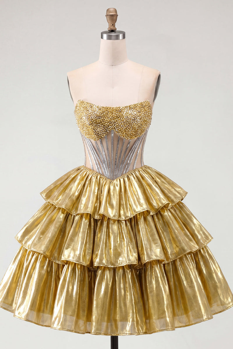 Load image into Gallery viewer, Sparkly Golden Strapless A Line Short Beaded Corset Metallic Birthday Party Dress