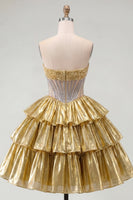 Load image into Gallery viewer, Sparkly Golden Strapless A Line Short Beaded Corset Metallic Birthday Party Dress