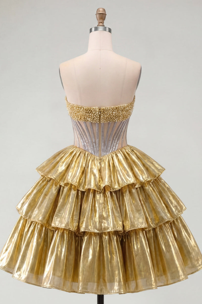 Load image into Gallery viewer, Sparkly Golden Strapless A Line Short Beaded Corset Metallic Birthday Party Dress