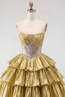 Load image into Gallery viewer, Sparkly Golden Strapless A Line Short Beaded Corset Metallic Birthday Party Dress