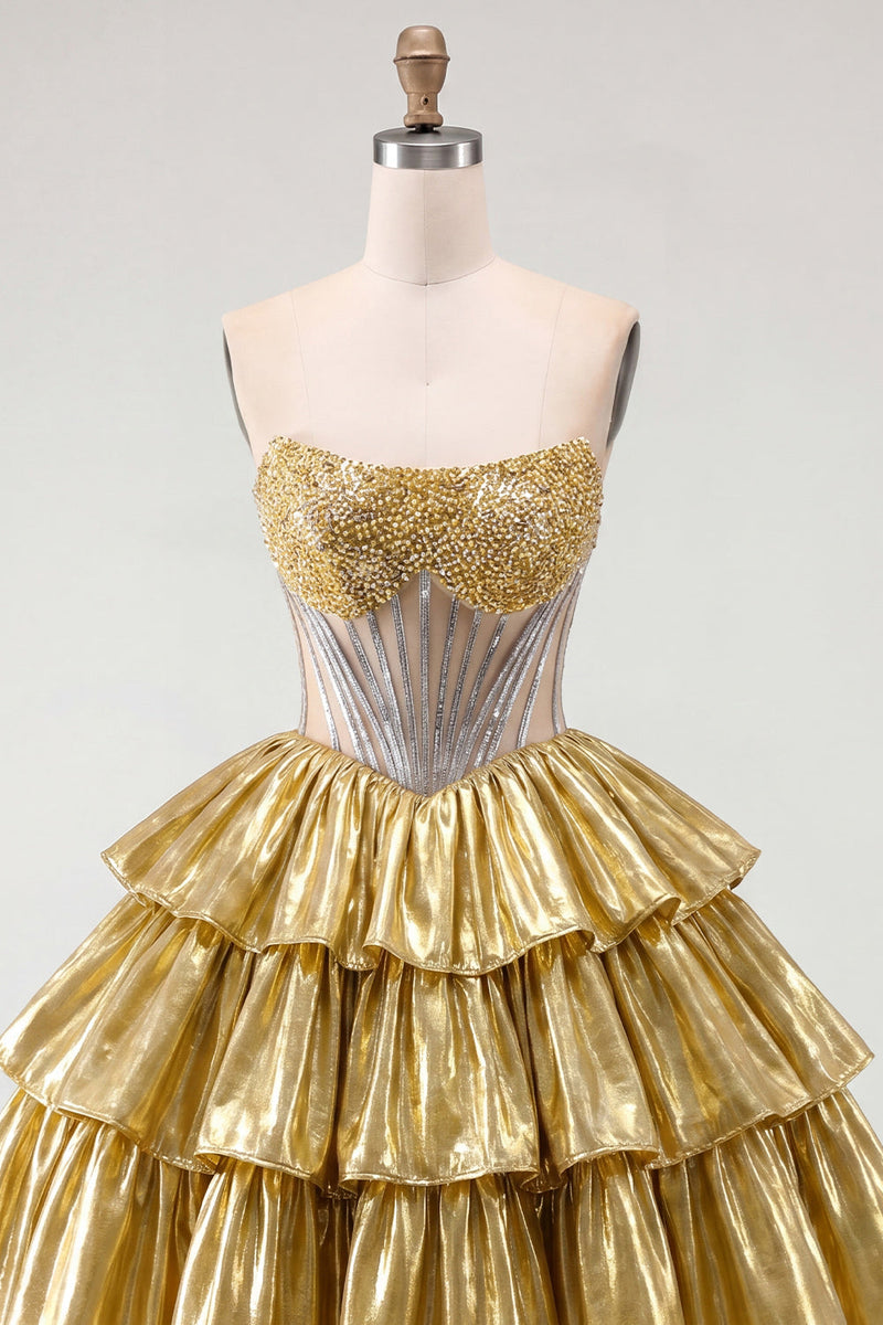 Load image into Gallery viewer, Sparkly Golden Strapless A Line Short Beaded Corset Metallic Birthday Party Dress