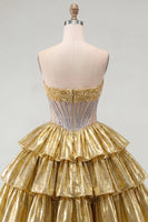Load image into Gallery viewer, Sparkly Golden Strapless A Line Short Beaded Corset Metallic Birthday Party Dress