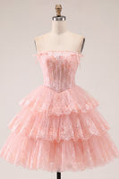 Load image into Gallery viewer, A Line Pink Floral Strapless Corset Short Birthday Party Dress with Ruffles