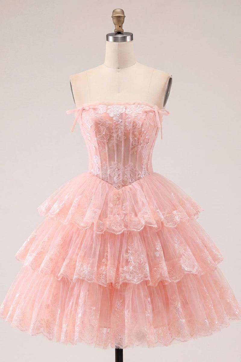Load image into Gallery viewer, A Line Pink Floral Strapless Corset Short Birthday Party Dress with Ruffles