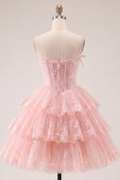 Load image into Gallery viewer, A Line Pink Floral Strapless Corset Short Birthday Party Dress with Ruffles