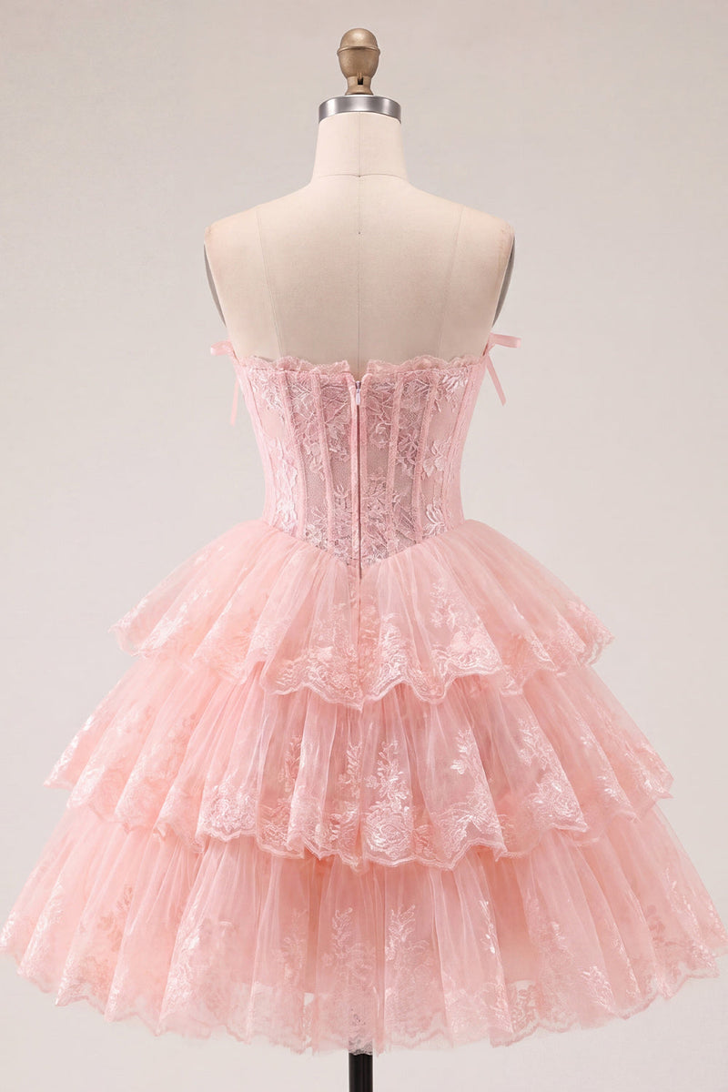 Load image into Gallery viewer, A Line Pink Floral Strapless Corset Short Birthday Party Dress with Ruffles