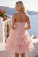 Load image into Gallery viewer, A Line Pink Floral Strapless Corset Short Birthday Party Dress with Ruffles