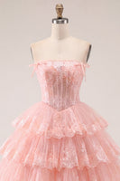 Load image into Gallery viewer, A Line Pink Floral Strapless Corset Short Birthday Party Dress with Ruffles