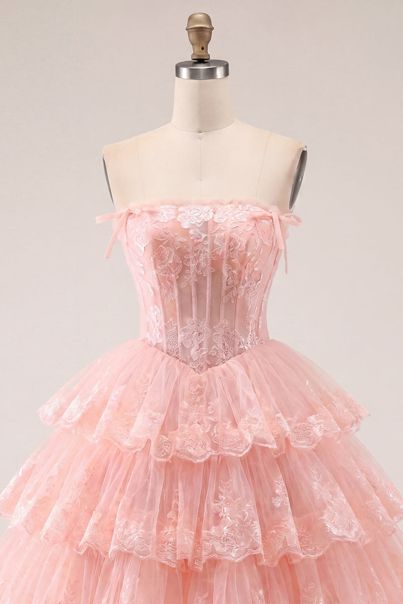 Load image into Gallery viewer, A Line Pink Floral Strapless Corset Short Birthday Party Dress with Ruffles