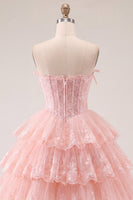 Load image into Gallery viewer, A Line Pink Floral Strapless Corset Short Birthday Party Dress with Ruffles