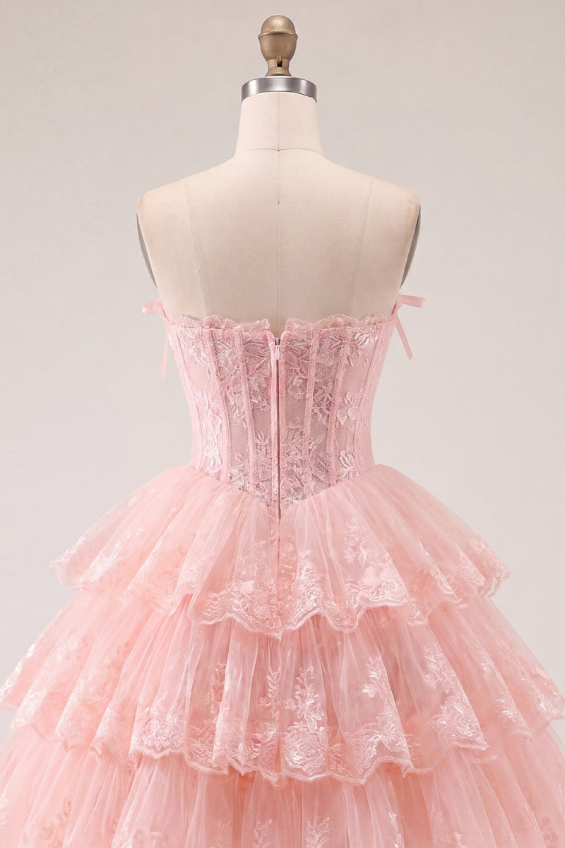 Load image into Gallery viewer, A Line Pink Floral Strapless Corset Short Birthday Party Dress with Ruffles
