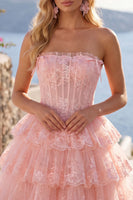 Load image into Gallery viewer, A Line Pink Floral Strapless Corset Short Birthday Party Dress with Ruffles