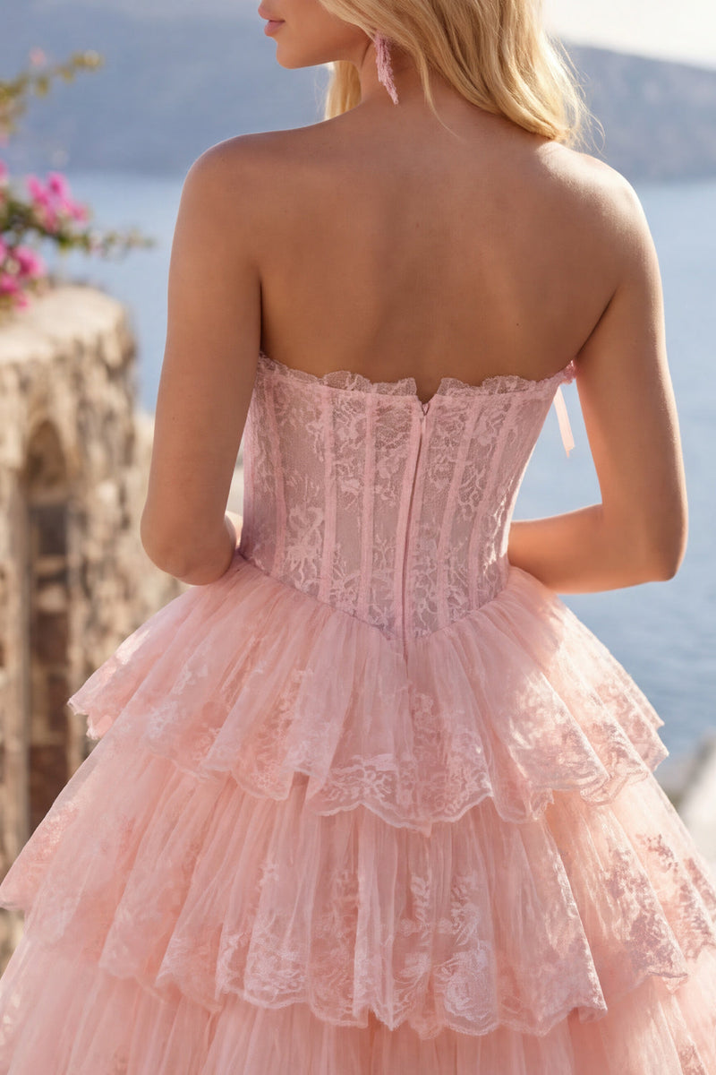 Load image into Gallery viewer, A Line Pink Floral Strapless Corset Short Birthday Party Dress with Ruffles