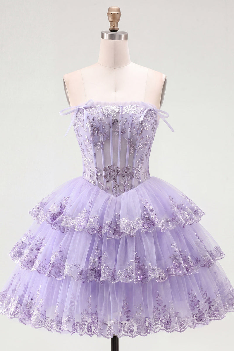 Load image into Gallery viewer, A Line Pink Floral Strapless Corset Short Birthday Party Dress with Ruffles