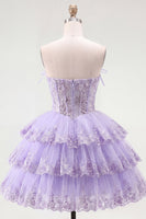 Load image into Gallery viewer, A Line Pink Floral Strapless Corset Short Birthday Party Dress with Ruffles
