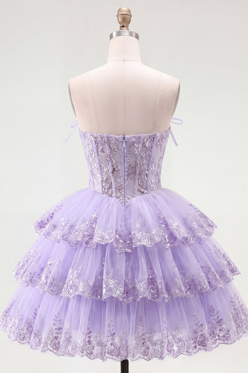 Load image into Gallery viewer, A Line Pink Floral Strapless Corset Short Birthday Party Dress with Ruffles