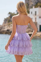 Load image into Gallery viewer, A Line Pink Floral Strapless Corset Short Birthday Party Dress with Ruffles