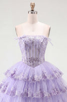 Load image into Gallery viewer, A Line Pink Floral Strapless Corset Short Birthday Party Dress with Ruffles