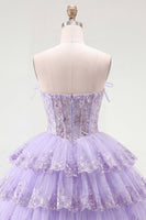 Load image into Gallery viewer, A Line Pink Floral Strapless Corset Short Birthday Party Dress with Ruffles
