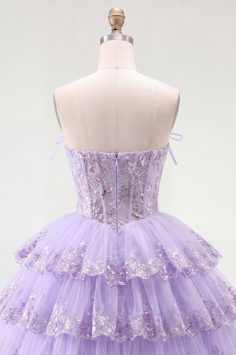 Load image into Gallery viewer, A Line Pink Floral Strapless Corset Short Birthday Party Dress with Ruffles