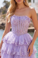 Load image into Gallery viewer, A Line Pink Floral Strapless Corset Short Birthday Party Dress with Ruffles