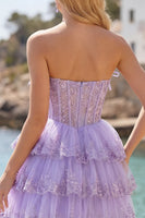 Load image into Gallery viewer, A Line Pink Floral Strapless Corset Short Birthday Party Dress with Ruffles
