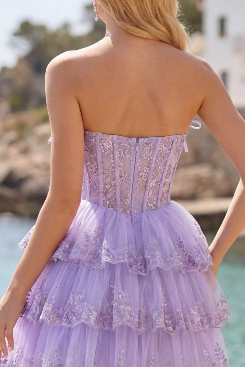 Load image into Gallery viewer, A Line Pink Floral Strapless Corset Short Birthday Party Dress with Ruffles