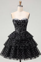 Load image into Gallery viewer, White Polka Dots A Line Corset Strapless Short Birthday Party Dress with Ruffles