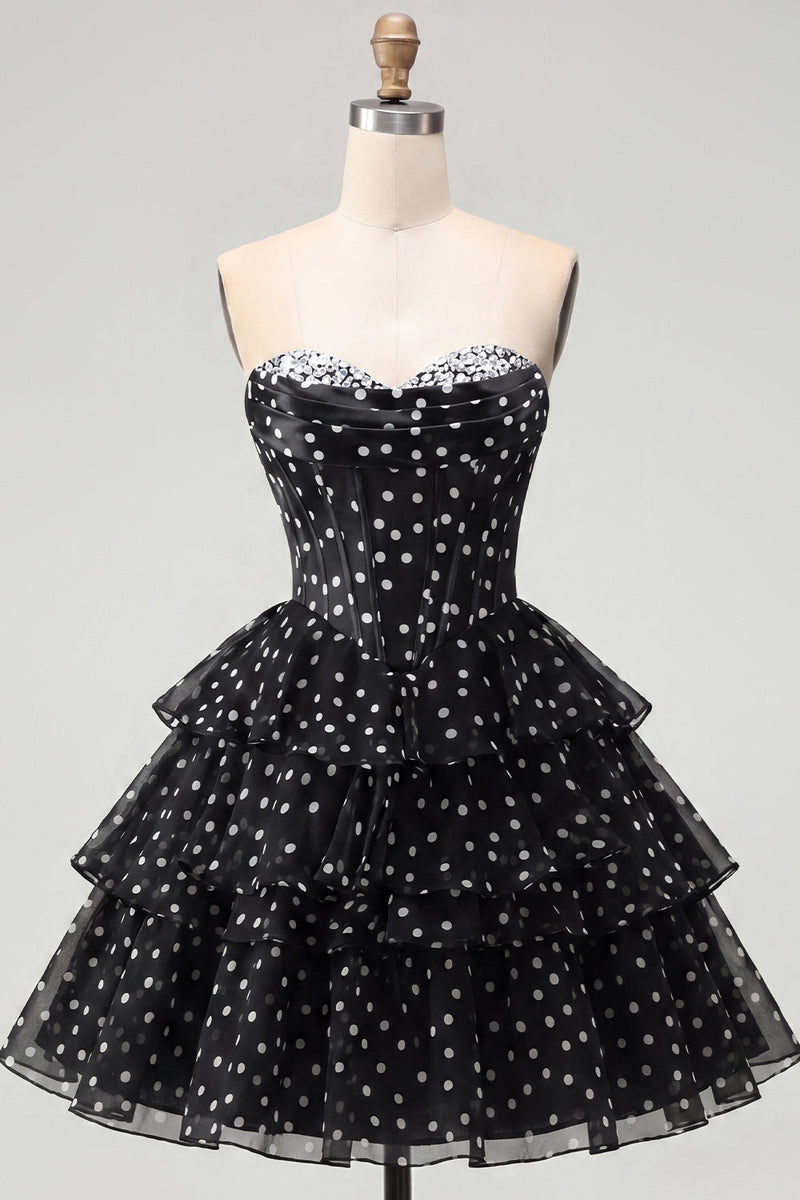 Load image into Gallery viewer, White Polka Dots A Line Corset Strapless Short Birthday Party Dress with Ruffles