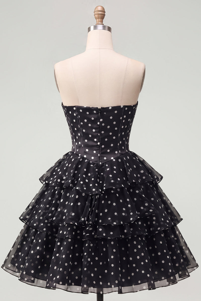 Load image into Gallery viewer, White Polka Dots A Line Corset Strapless Short Birthday Party Dress with Ruffles