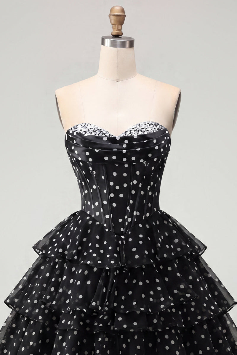Load image into Gallery viewer, White Polka Dots A Line Corset Strapless Short Birthday Party Dress with Ruffles