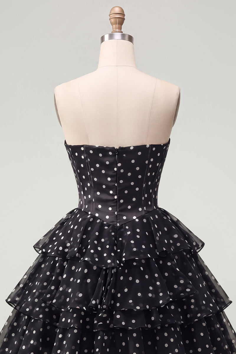 Load image into Gallery viewer, White Polka Dots A Line Corset Strapless Short Birthday Party Dress with Ruffles