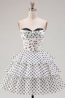 Load image into Gallery viewer, White Polka Dots A Line Corset Strapless Short Birthday Party Dress with Ruffles
