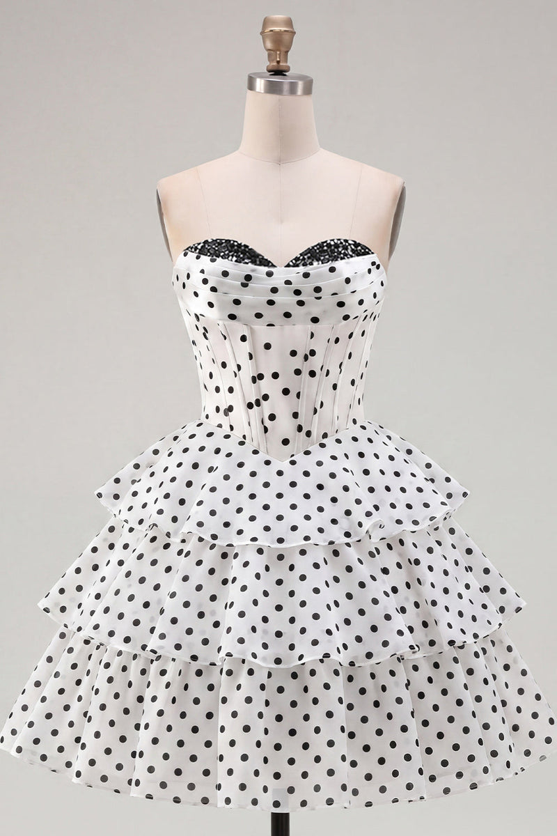 Load image into Gallery viewer, White Polka Dots A Line Corset Strapless Short Birthday Party Dress with Ruffles