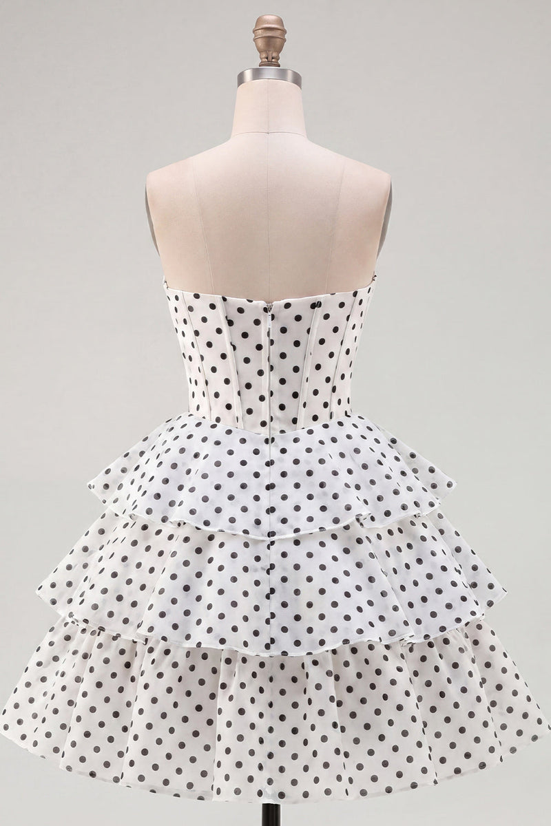 Load image into Gallery viewer, White Polka Dots A Line Corset Strapless Short Birthday Party Dress with Ruffles