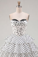 Load image into Gallery viewer, White Polka Dots A Line Corset Strapless Short Birthday Party Dress with Ruffles