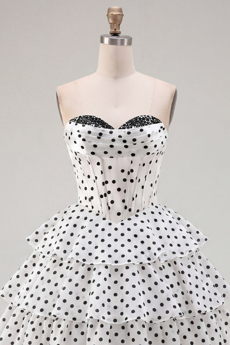 Load image into Gallery viewer, White Polka Dots A Line Corset Strapless Short Birthday Party Dress with Ruffles