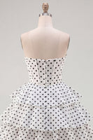 Load image into Gallery viewer, White Polka Dots A Line Corset Strapless Short Birthday Party Dress with Ruffles