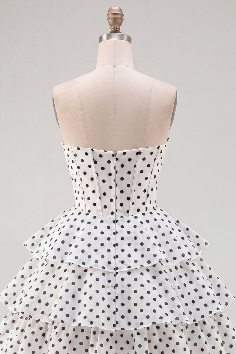 Load image into Gallery viewer, White Polka Dots A Line Corset Strapless Short Birthday Party Dress with Ruffles