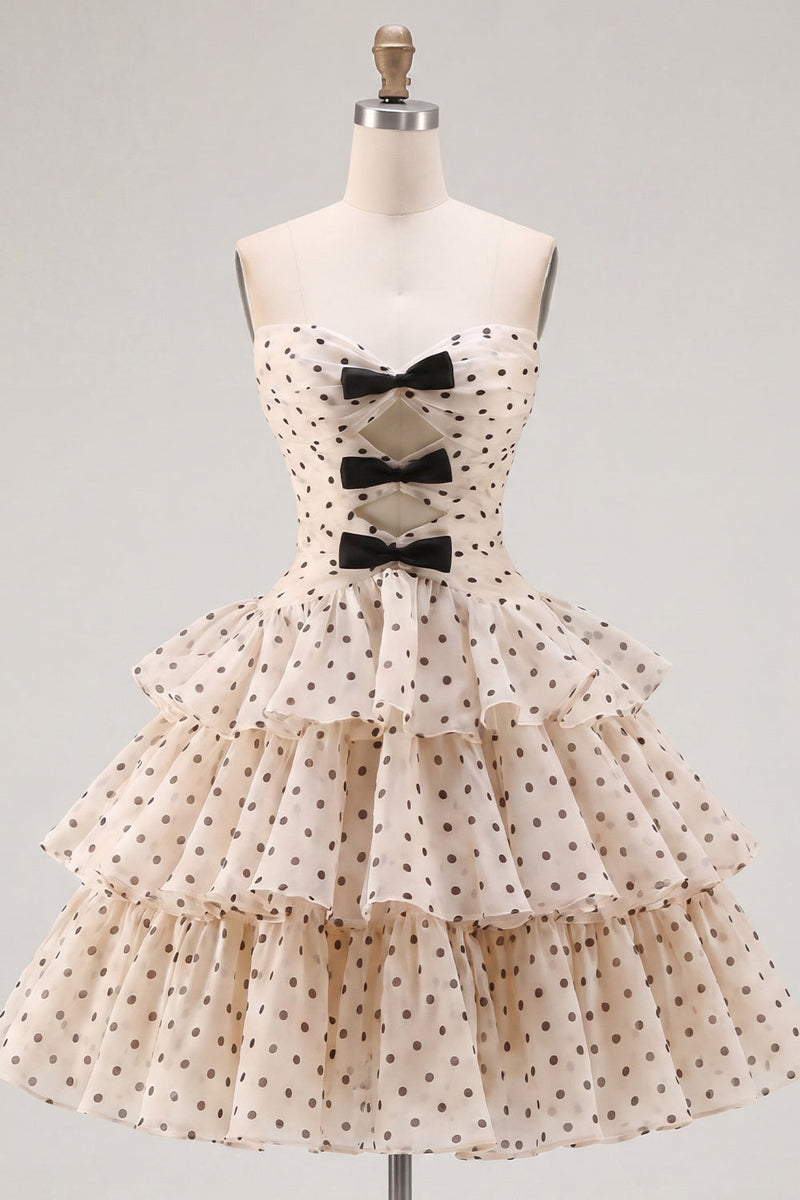 Load image into Gallery viewer, Apricot and Black Dot A Line Keyhole Strapless Short Birthday Party Dress