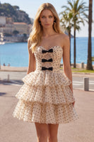 Load image into Gallery viewer, Apricot and Black Dot A Line Keyhole Strapless Short Birthday Party Dress