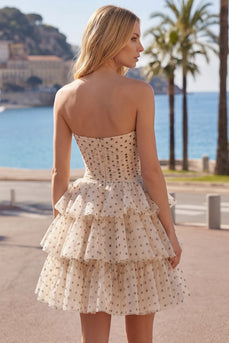 Apricot and Black Dot A Line Keyhole Strapless Short Birthday Party Dress