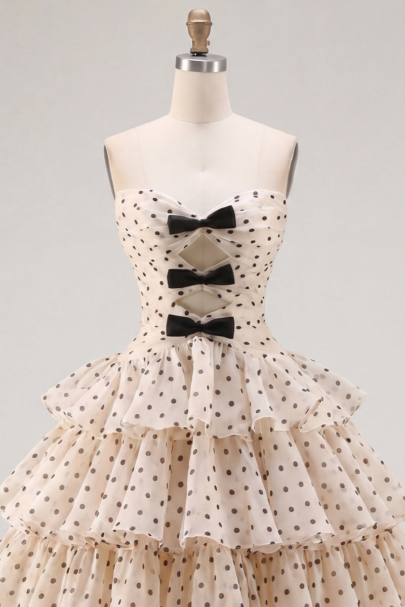 Load image into Gallery viewer, Apricot and Black Dot A Line Keyhole Strapless Short Birthday Party Dress