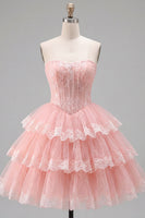 Load image into Gallery viewer, Pink Floral Corset Strapless Lace Short Birthday Party Dress with Ruffles