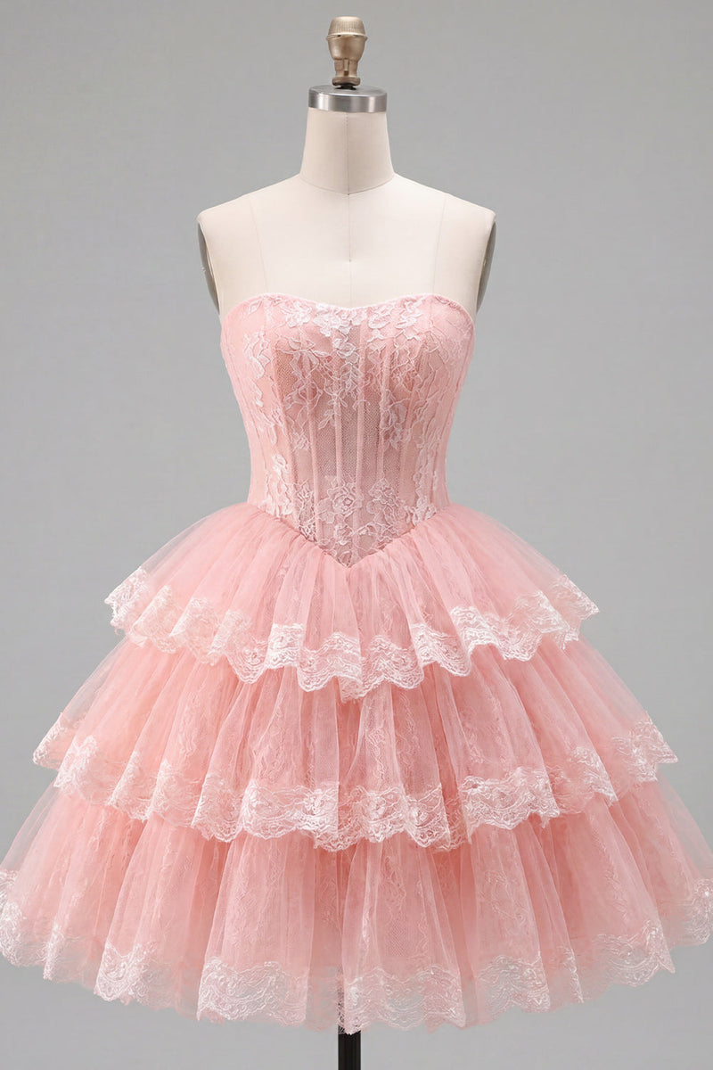 Load image into Gallery viewer, Pink Floral Corset Strapless Lace Short Birthday Party Dress with Ruffles