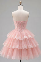Load image into Gallery viewer, Pink Floral Corset Strapless Lace Short Birthday Party Dress with Ruffles