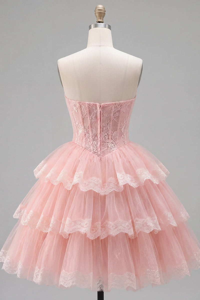 Load image into Gallery viewer, Pink Floral Corset Strapless Lace Short Birthday Party Dress with Ruffles