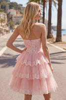 Load image into Gallery viewer, Pink Floral Corset Strapless Lace Short Birthday Party Dress with Ruffles